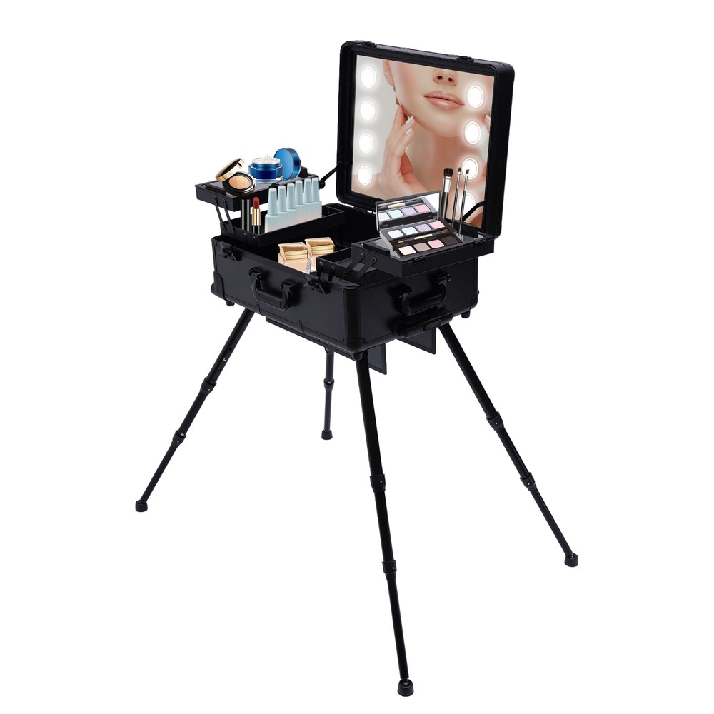 Rolling Makeup Train Case Black Pro Cosmetic Box Organizer w/LED Light & Mirror