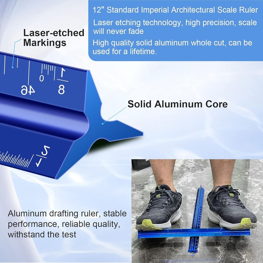 Architectural Scale Ruler, 12'' Imperial Architect Scale, Aluminum Blue