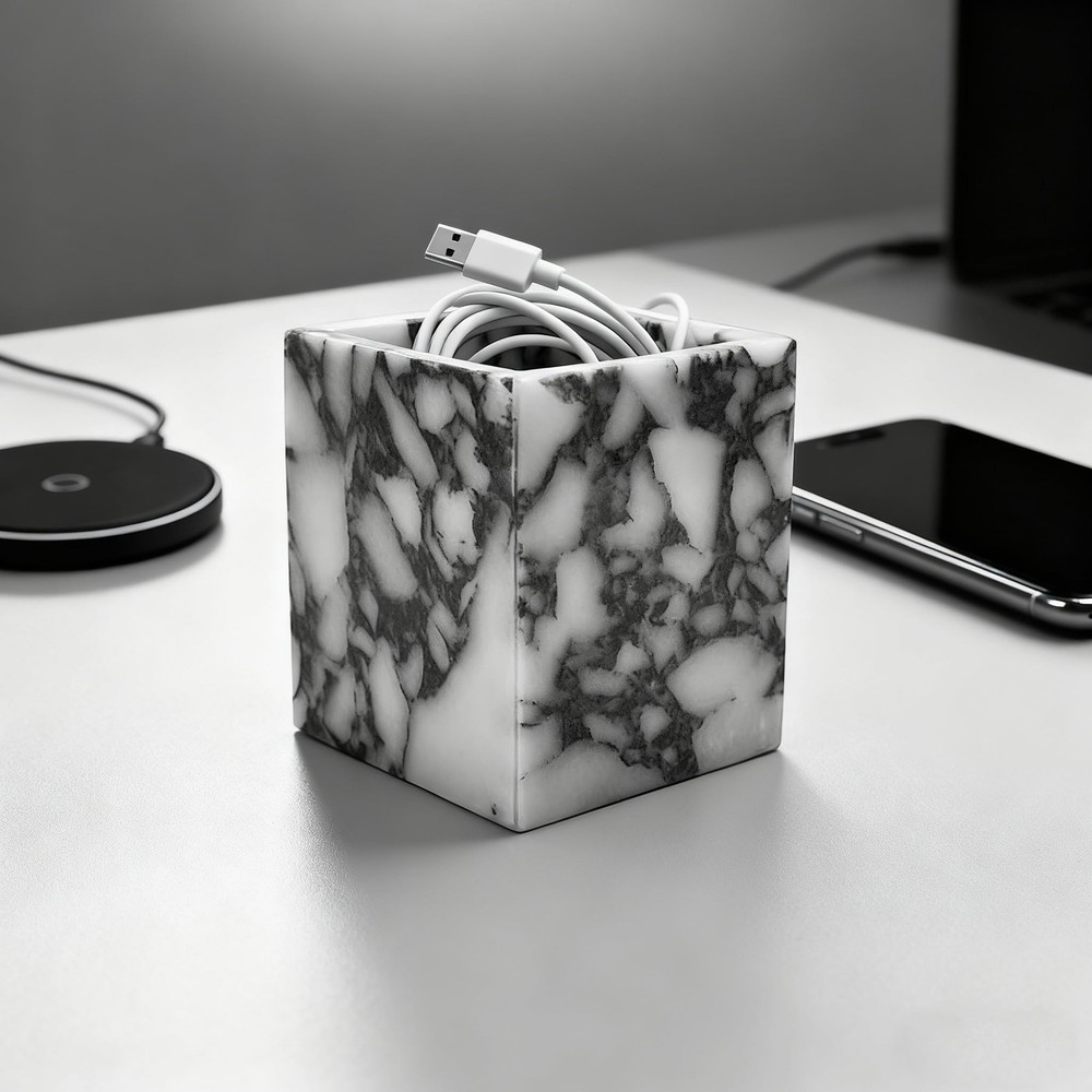 Marble Pen Holder, White Stone Rectangular Desktop Organizer, Office Study Ma...