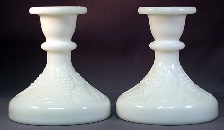 (2) L.E. SMITH VINTAGE (GRAPES) MILK GLASS CANDLESTICKS