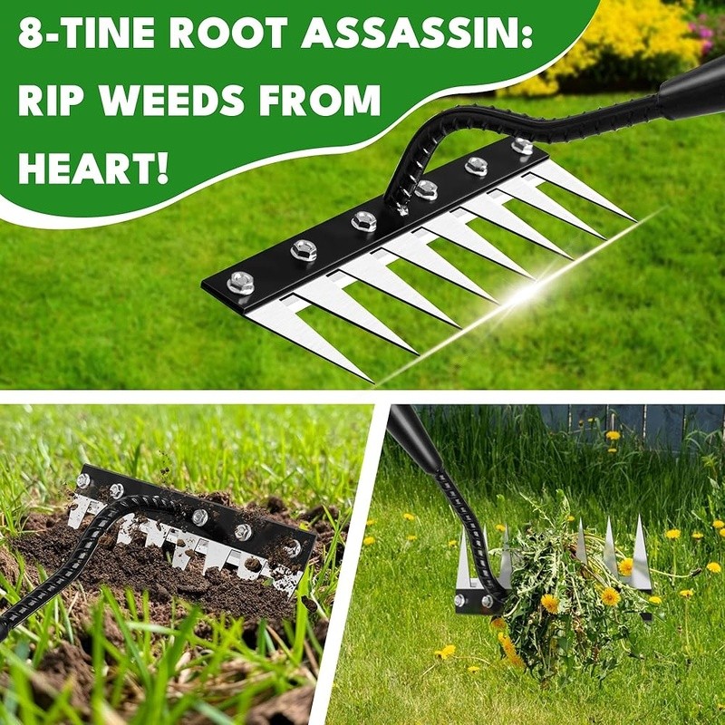 Iron Weeding Rake Garden Tool 8 Tooth Durable Multi-Purpose Gardening Essential