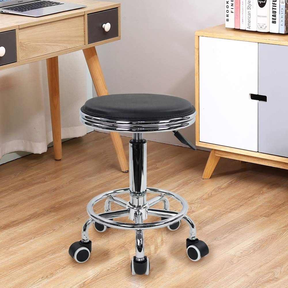 Round Rolling Stool with Foot Rest PU Leather Height Adjustment Modern Indust...