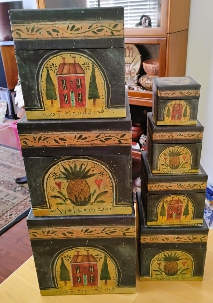 7 Bob's Boxes Primitive Welcome Friends Stackable Nesting Susan Winget Design