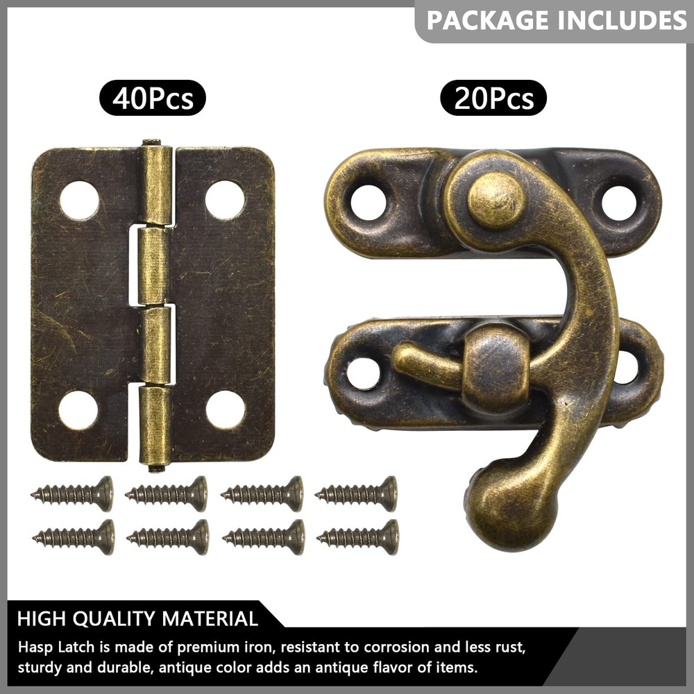 40Pcs Antique Bronze Box Hinges and 20 Sets Right Latch Hook