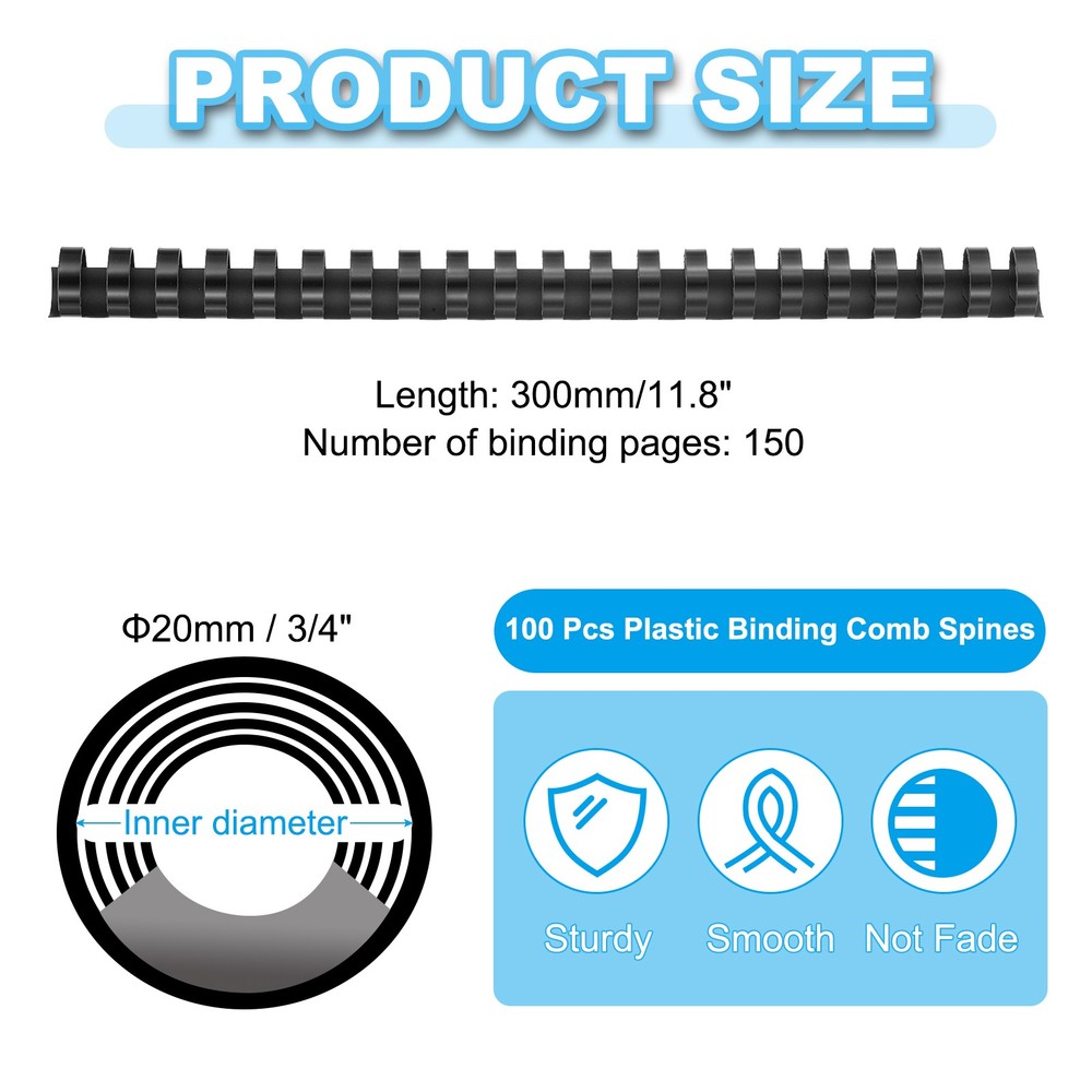 100 Pcs 20mm (3/4") Plastic Binding Combs 150 Sheet Capacity 21 Rings, Black