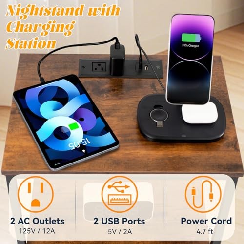 Night Stand with Charging Station, Bedside Table with Adjustable Fabric Black