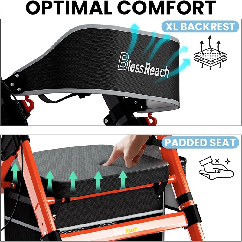 Foldable Rollator Walker 450 lb Capacity w/ 18" Seat & 8" Wheel Rolling Walker