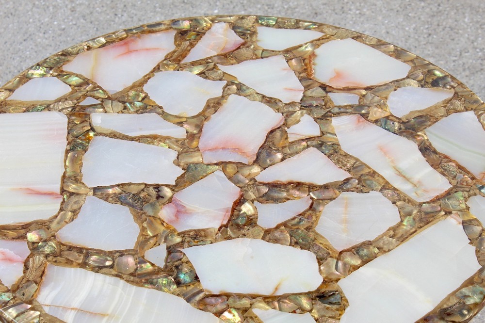Vintage Agate, Onyx & Abalone Mosaic Side Table with Wrought Iron Base