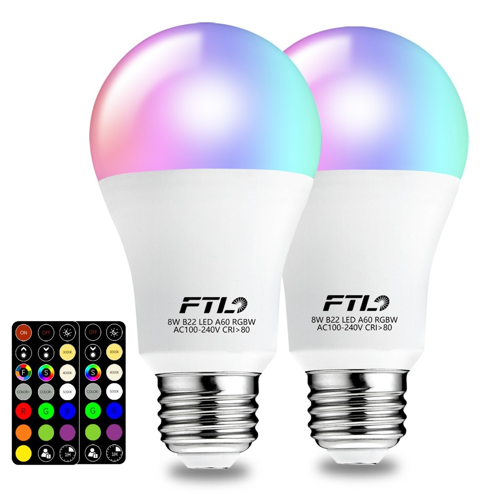2-Pack Color Changing Light Bulb with Remote Control A19 E26 8W 30 Colors RGB