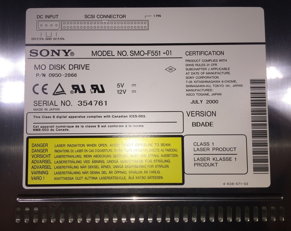 SONY SMO-F551 SCSI Internal MO Disk Drive