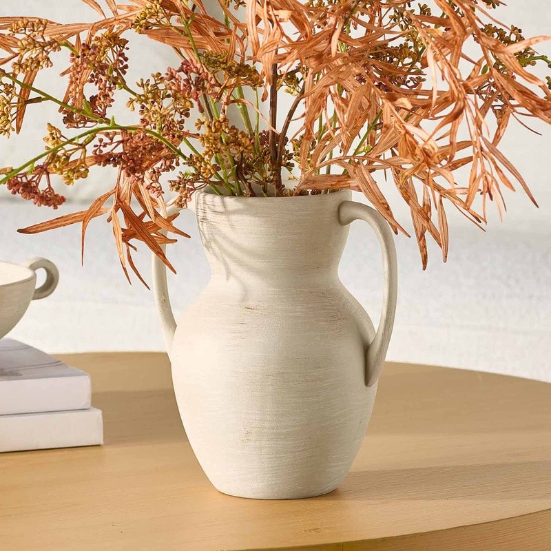 Ceramic Distressed Vase W/ Two Handles Decorative Stoneware Home Accent New