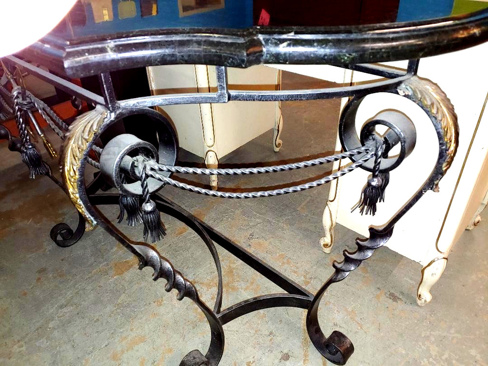 FANTASTIC MAITLAND SMITH BLACK MARBLE 53" CONSOLE TABLE, WROUGHT IRON & BRONZE.