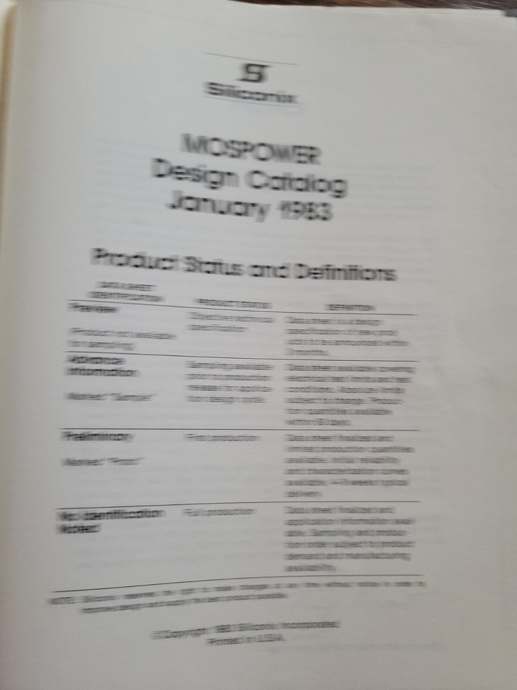 Electronics Manual Catalog Siliconix MOSPower Design Catalog January 1983