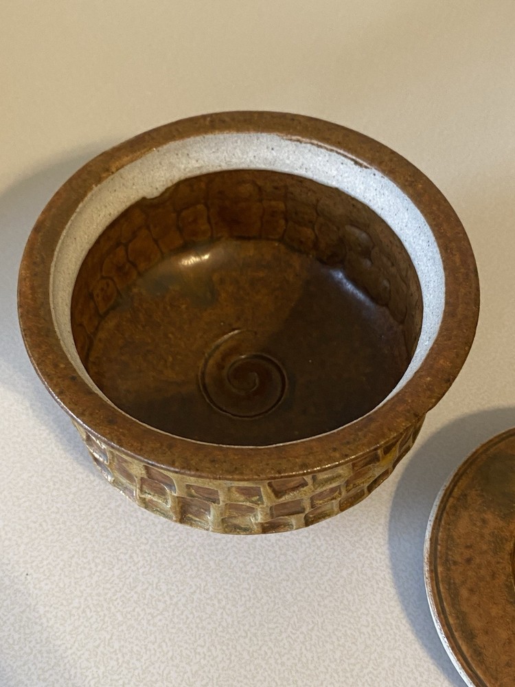 Unique Art Pottery Stoneware Lidded Jar Brown Beige Neutral Rust Square Pattern
