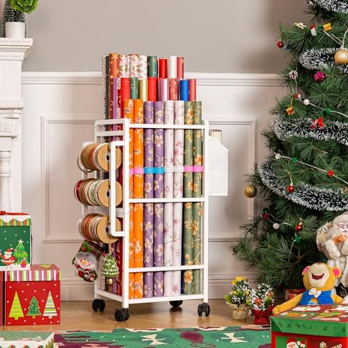 Gift Wrapping Paper Organizer Storage, Rolling Gift Wrap Storage Stand, White