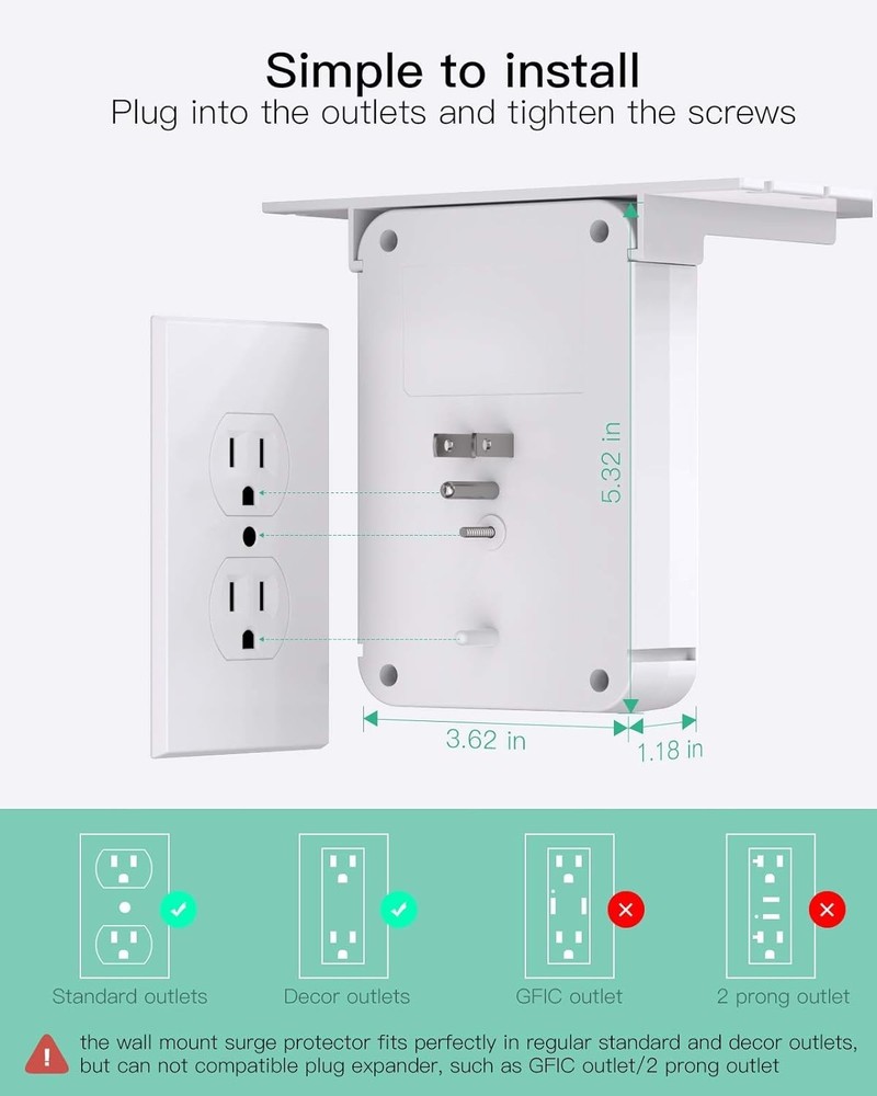 Surge Protector Outlet, Multiple Outlet Wall Plug Splitter for Home Office Dorm