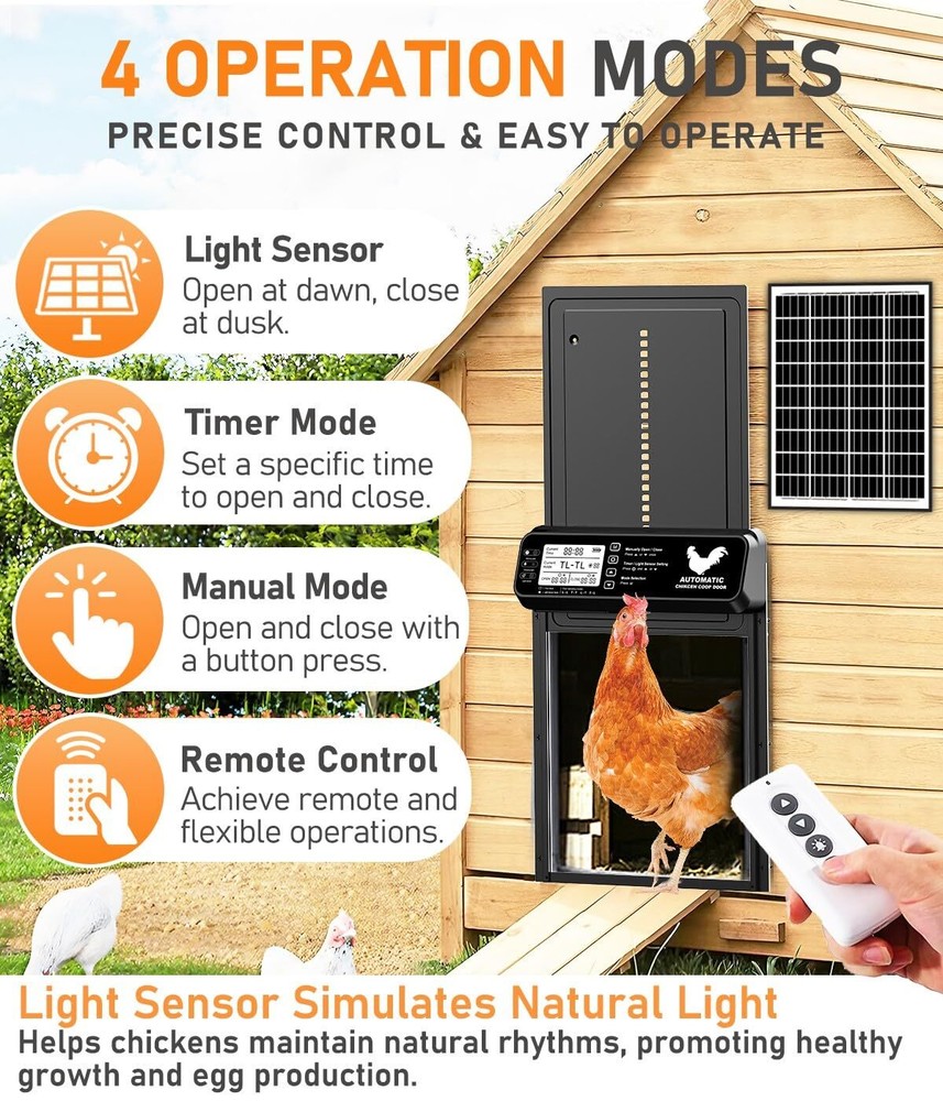 Automatic Chicken Coop Door Solar Powered with Timer/Light Sensor, Solar Chic...