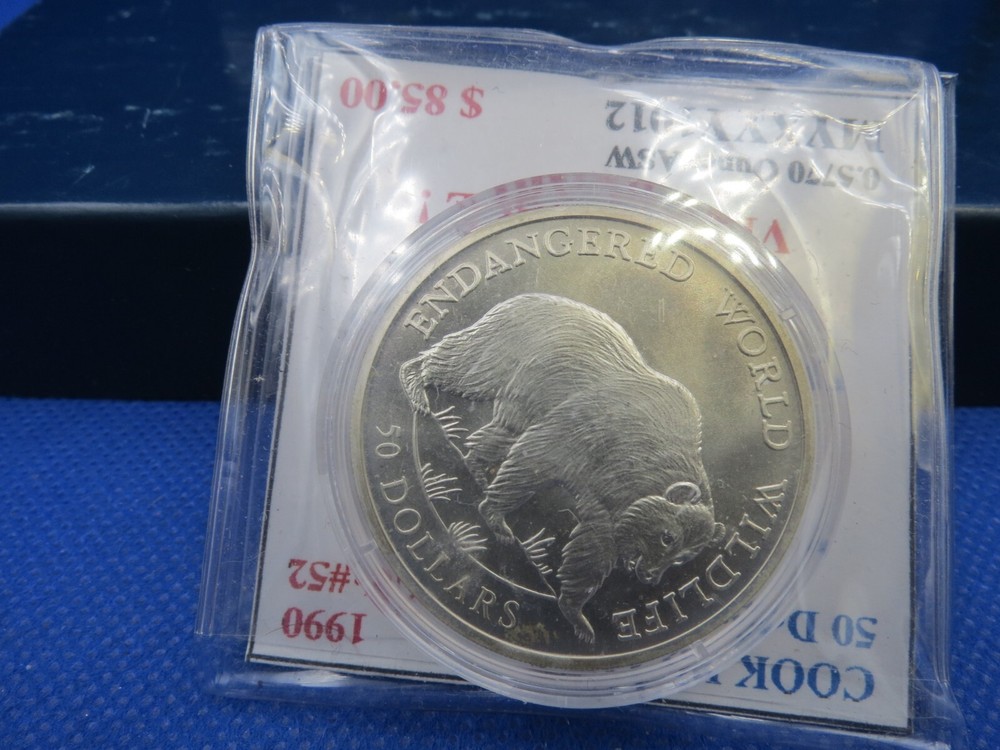 1990 SILVER COOK ISLANDS $50 GRIZZLY BEAR GEM MATTE PROOF ONLY 550 MINTED