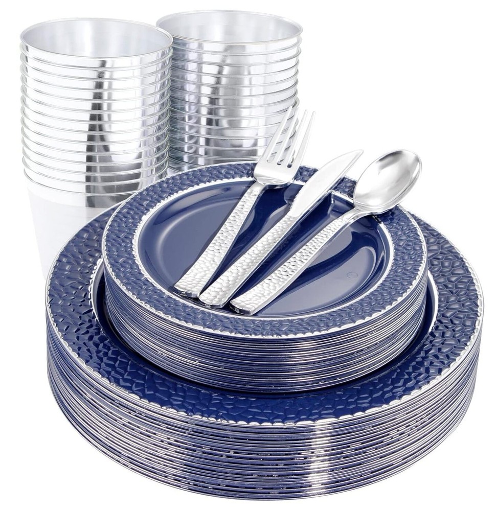 PCS Plastic Plates - Blue Disposable Plate include 50 Blue and Silver 150