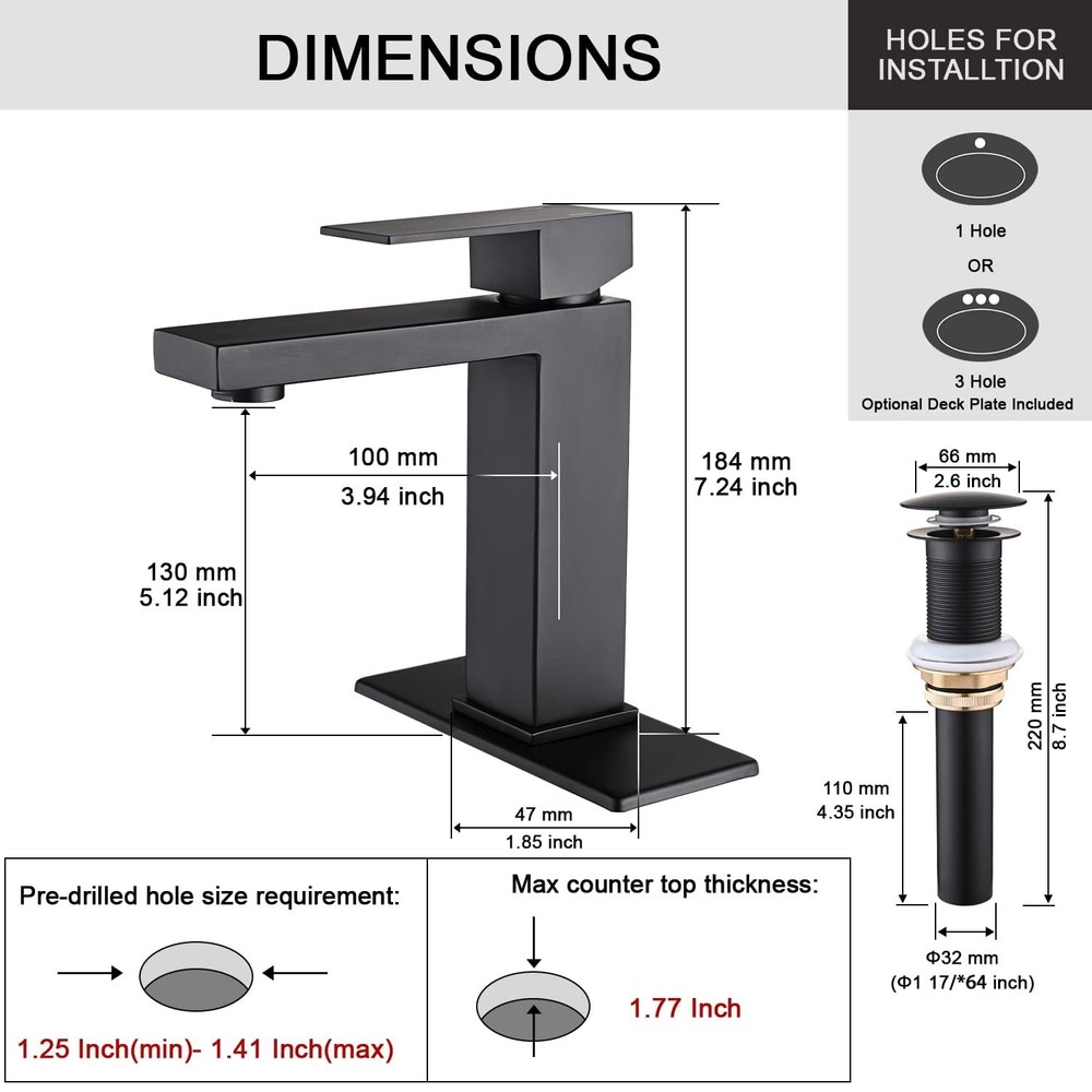 Single Lever Bathroom Sink Tap with Waterfall Design, Black