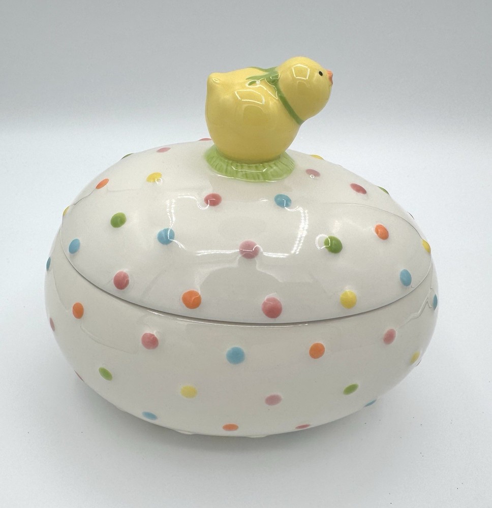 Hallmark Easter chick on egg bowl with lid polka dot Rare