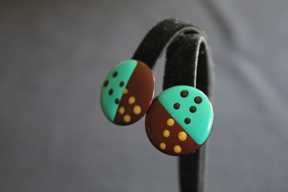 Vintage 1980's Hand Painted Button Earrings - Clip