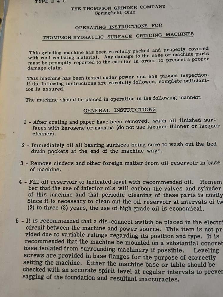 Operating Instructions Thompson Surface Grinding Machines