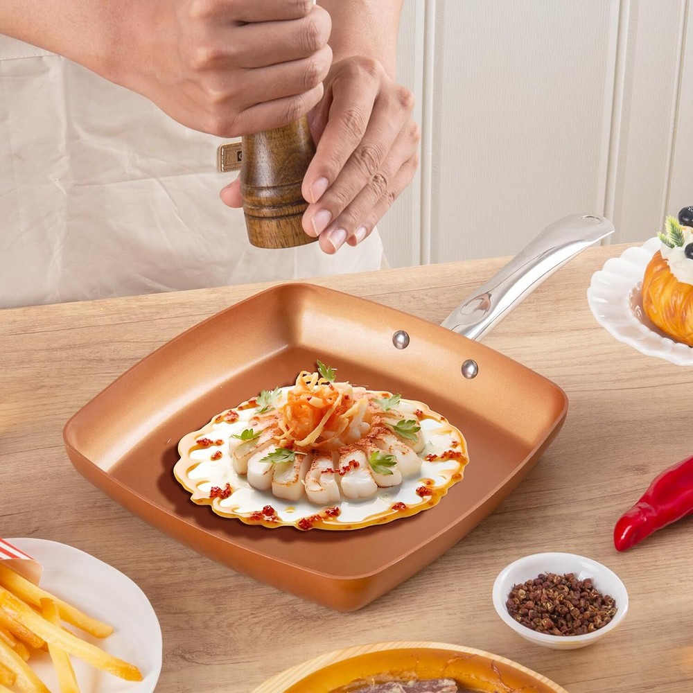 Non-Stick Copper Square Frying Pan, 9.5" Chef Skillet with Ceramic Coating,...
