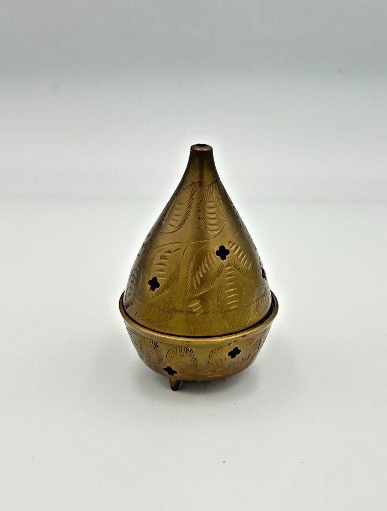 Vintage Etched Brass 4 " Lidded Three Leg Incense Burner