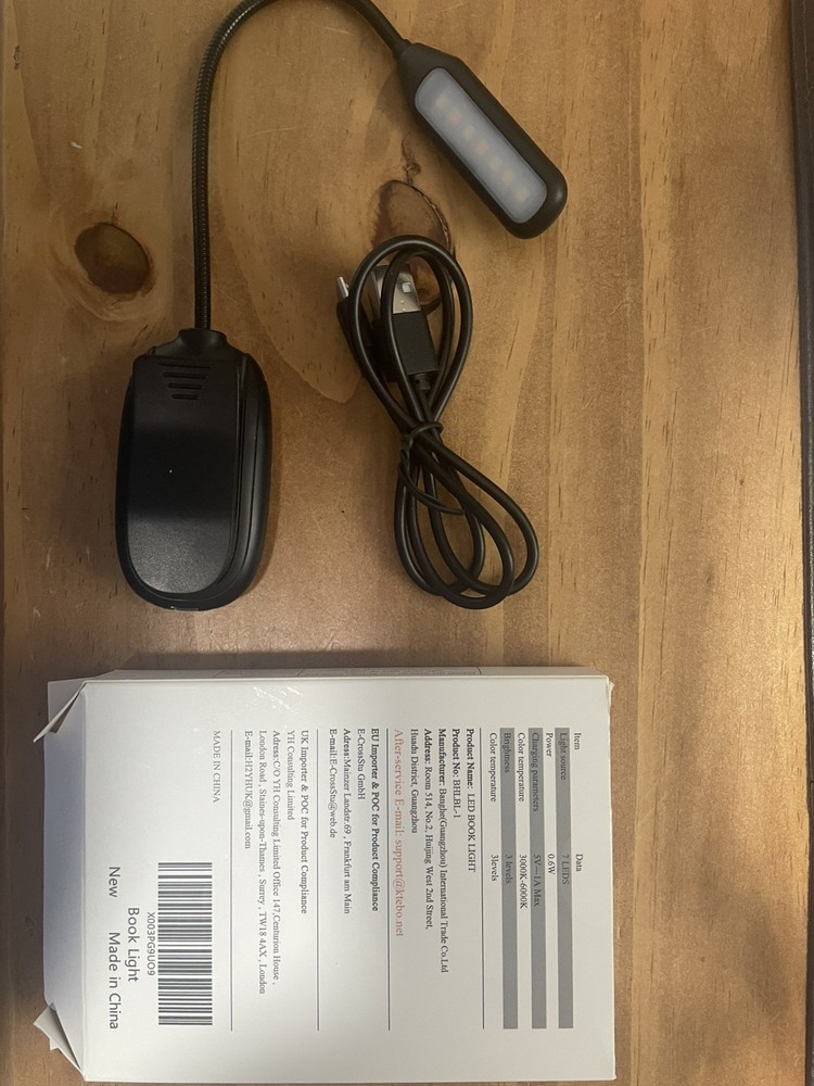 Black Portable LED Book Light with USB charger