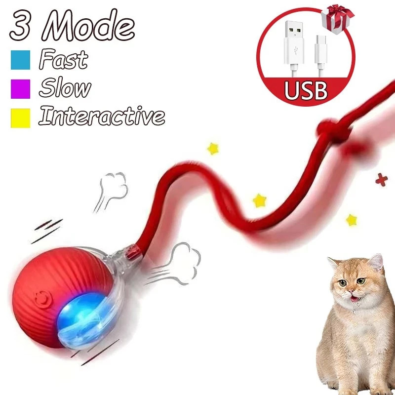2PCS Interactive Cat Ball Toy Automatic Rolling USB Rechargeable Smart Faux Tail