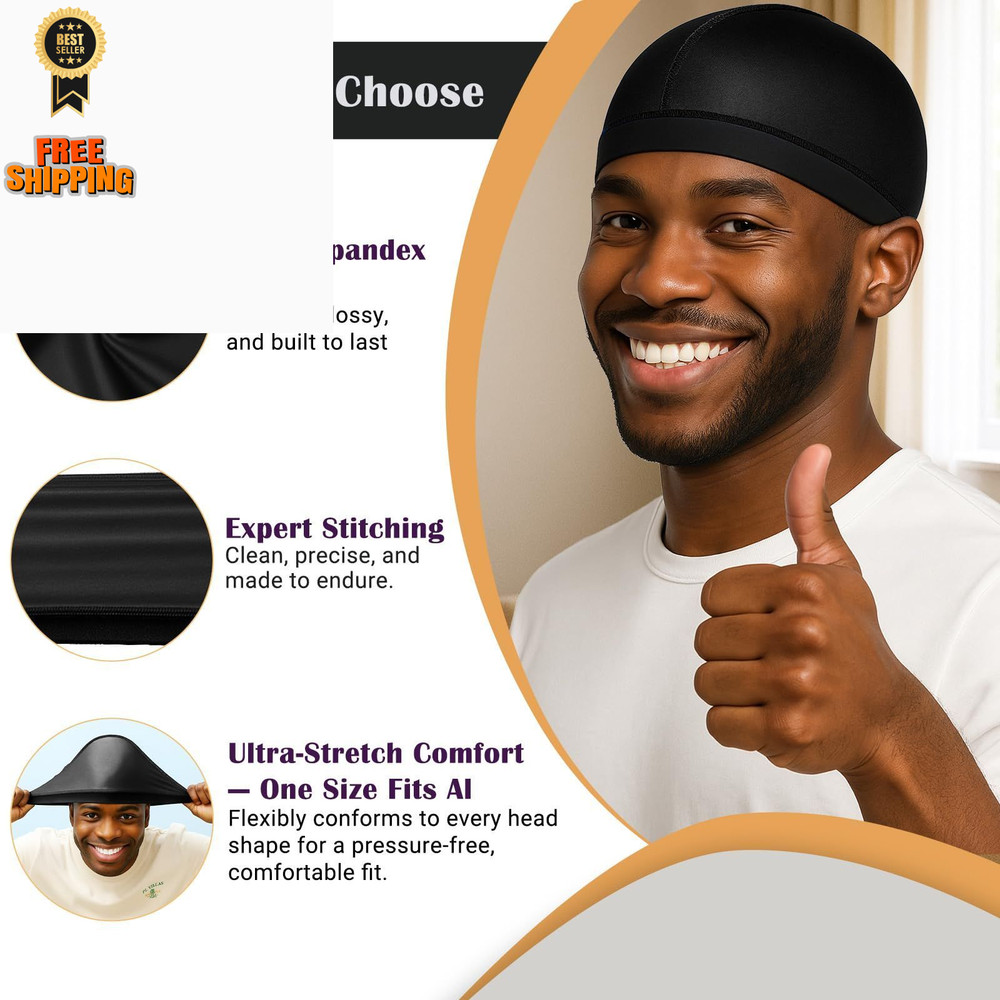 DURALA Super Elastic Wave Cap, Good Compression One Size-X-Large, Black+black