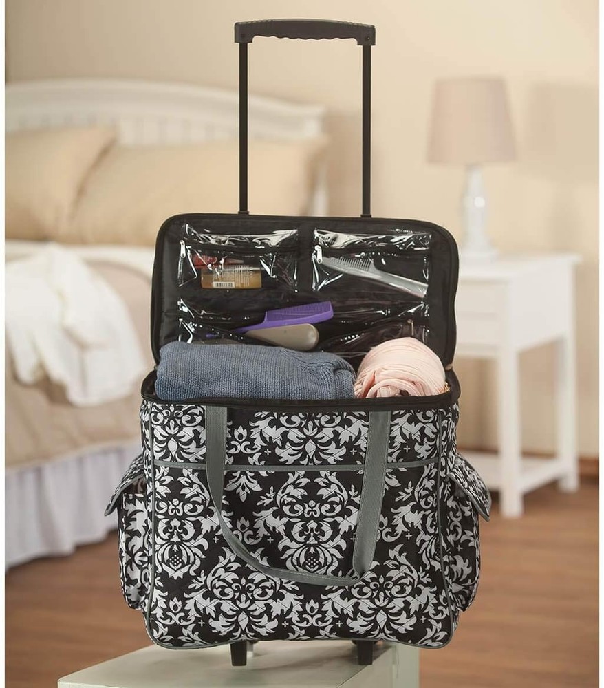 Rolling Sewing Machine Tote with 6 Storage Pockets - Damask (Large)