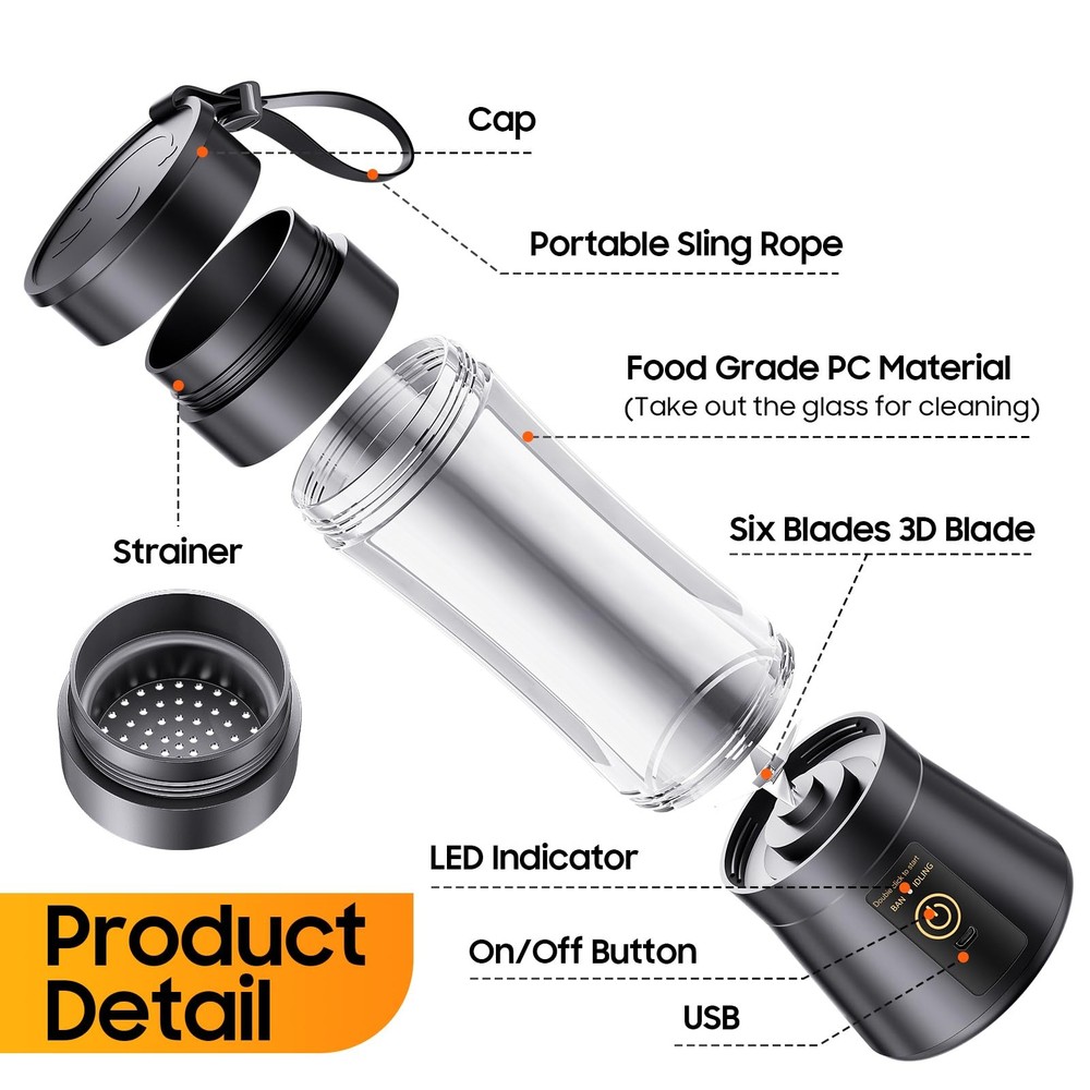 Cordless Portable Personal Size Blender - Mini Make 380Ml, Black