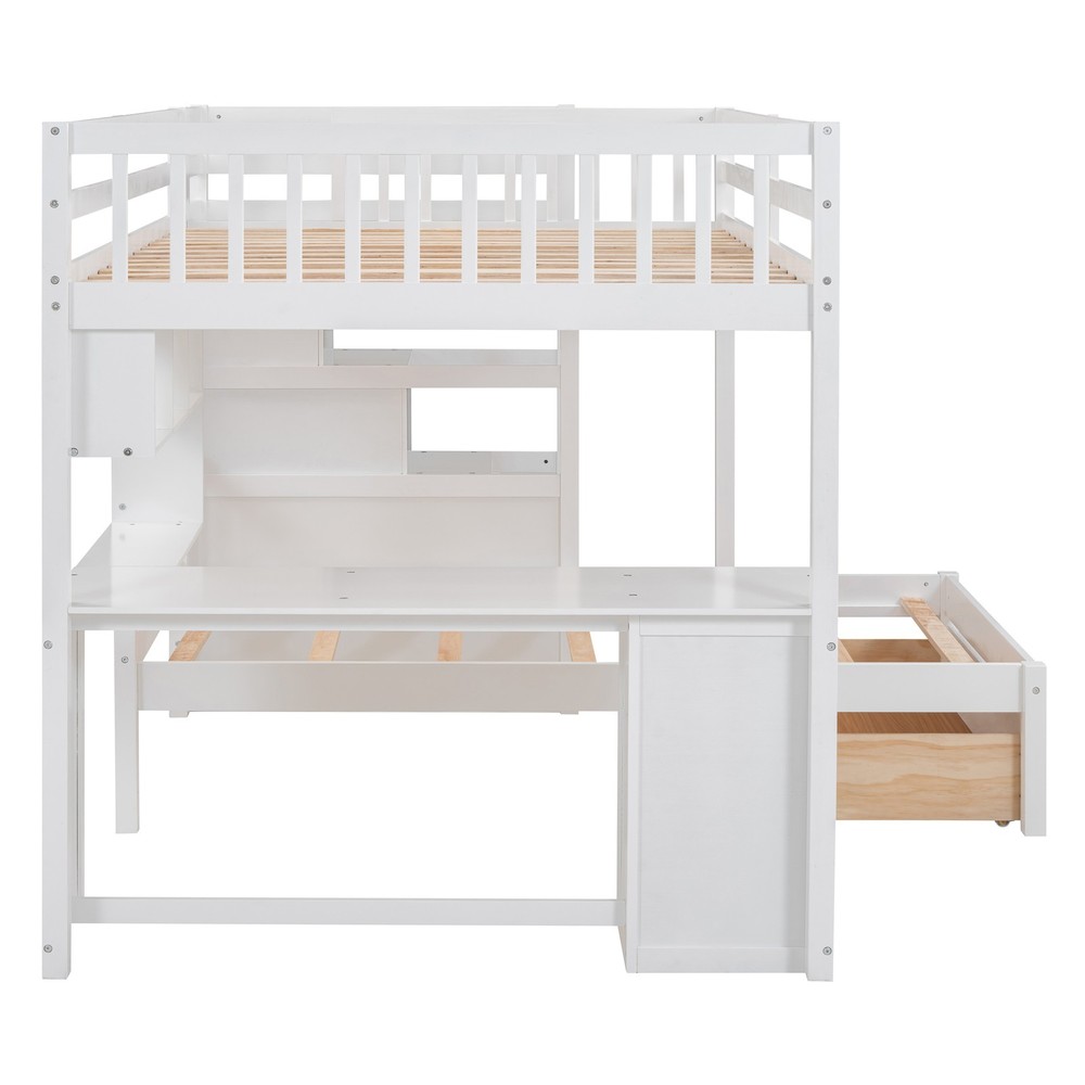Twin Bunk Bed with Desk, Drawers & Bookcase, White Solid Wood Storage