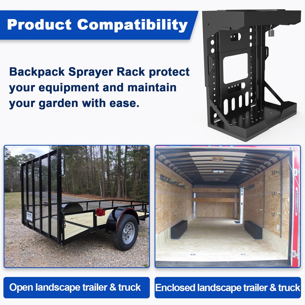 Open Enclosed Landscape Trailer Adjustable Lockable Backpack Blower Sprayer Rack