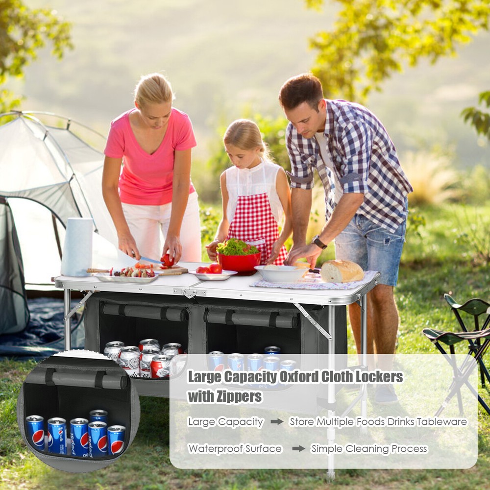 Folding Camping Table Aluminum Height Adjustable w/ Storage Organizer Grey