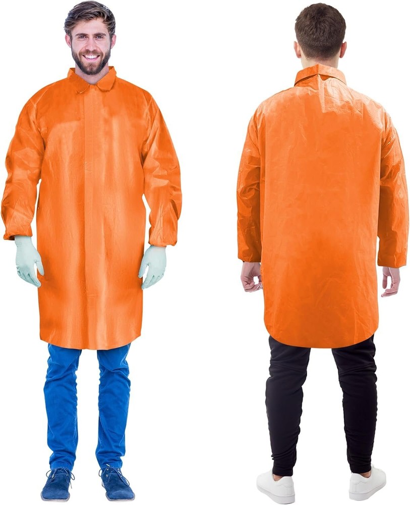 Orange Disposable Lab Coats, 3XL, 10 Pack, Polyethylene, No Pockets