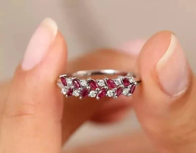 925 Sterling Silver Half Eternity Band Wedding Ring Marquise Simulated Red Ruby