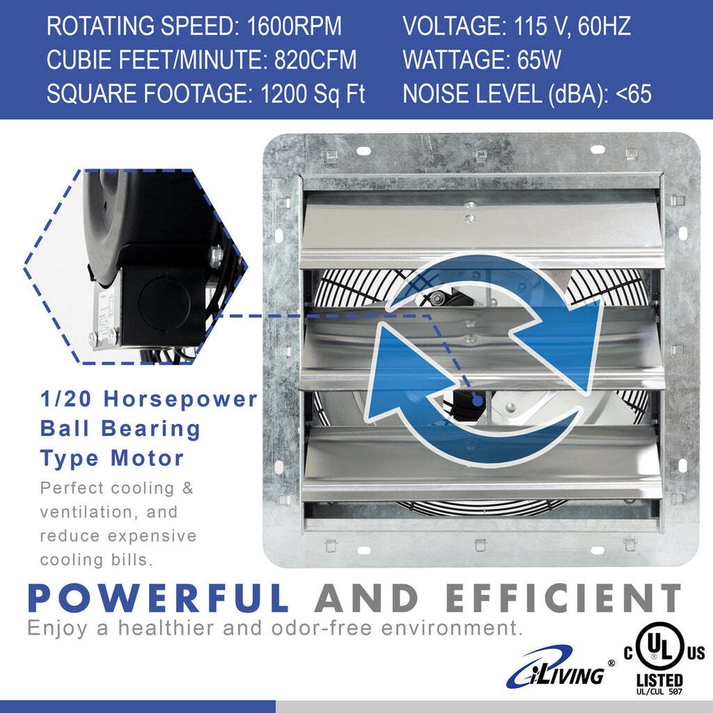 iLIVING 10/12/16/18/20" Shutter Exhaust Fan with Thermospeed Controller