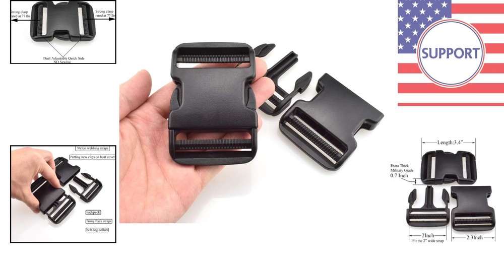 2-Inch Heavy-Duty Plastic Dual Side Release Buckles - No Sew Adjustable Design
