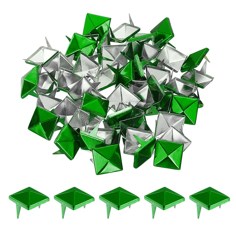 50Pcs Square Pyramid Rivets, 12mm Two-Jaw Studs Spikes (Green)