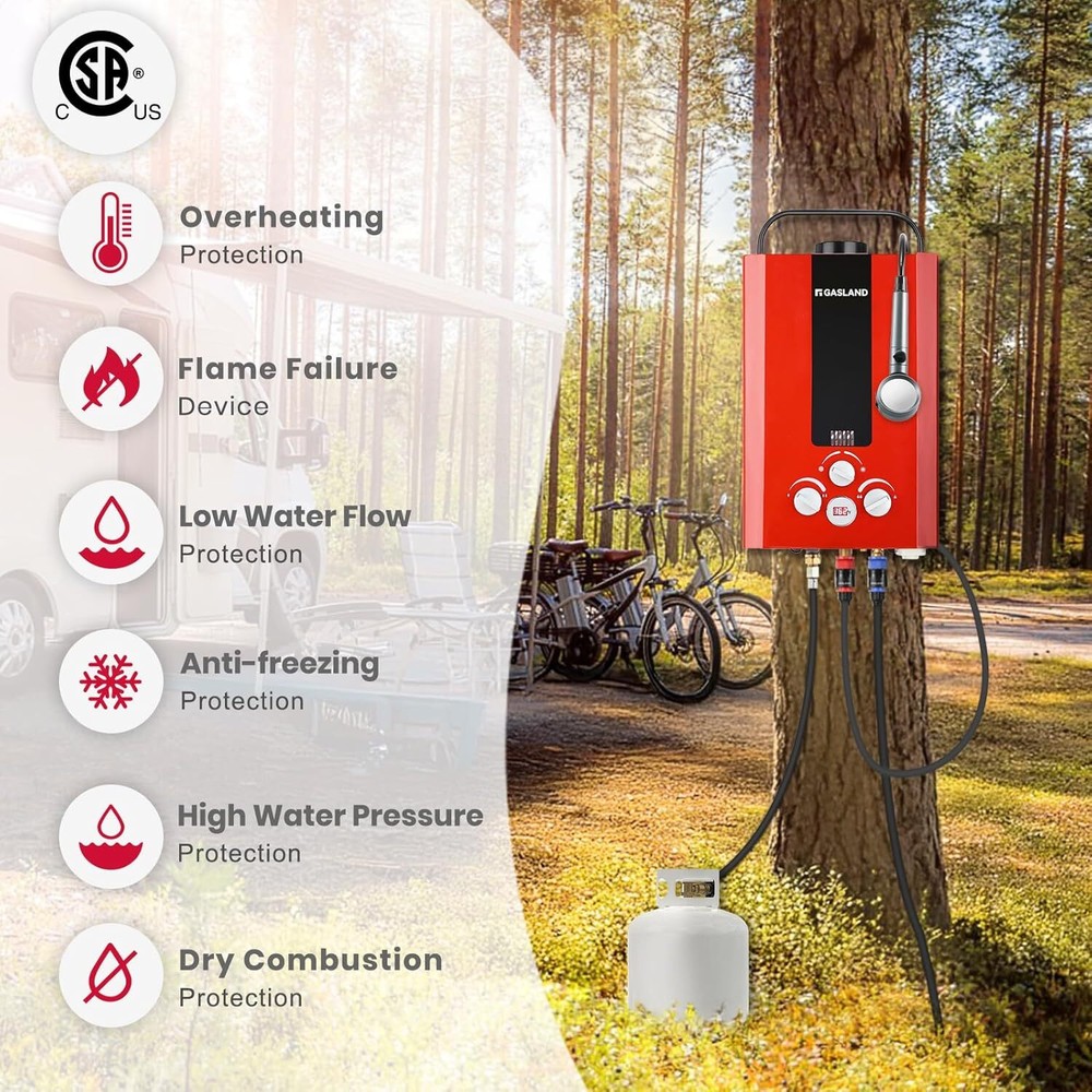 GASLAND 6L Outdoor Tankless Water Heater Propane Gas Portable Camping Shower RED
