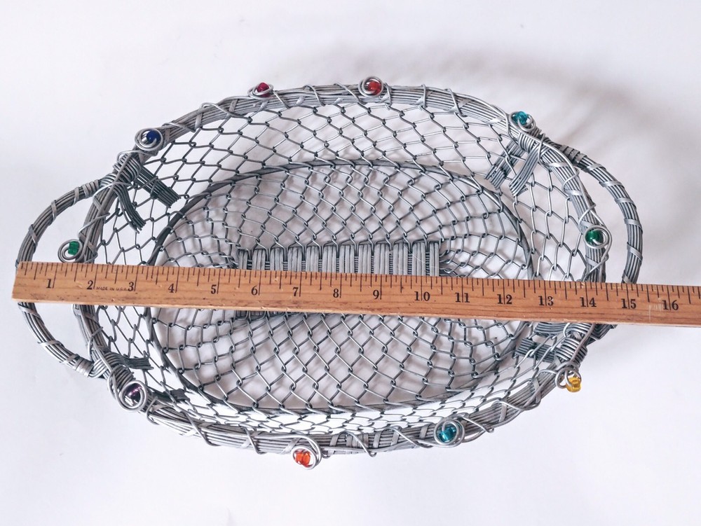 Large Wire Embellished Beaded Basket With Handles