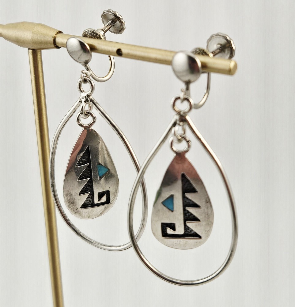 Vintage Sterling Silver Native Blue Design Dangle Screw Back Earrings - 9.4g