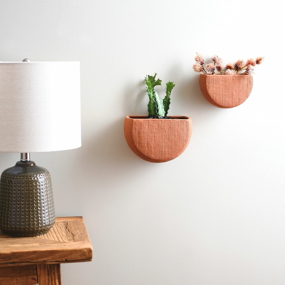 Modern Boho Stoneware Wall Mount Planters, Terracotta, Set of 2 Sizes