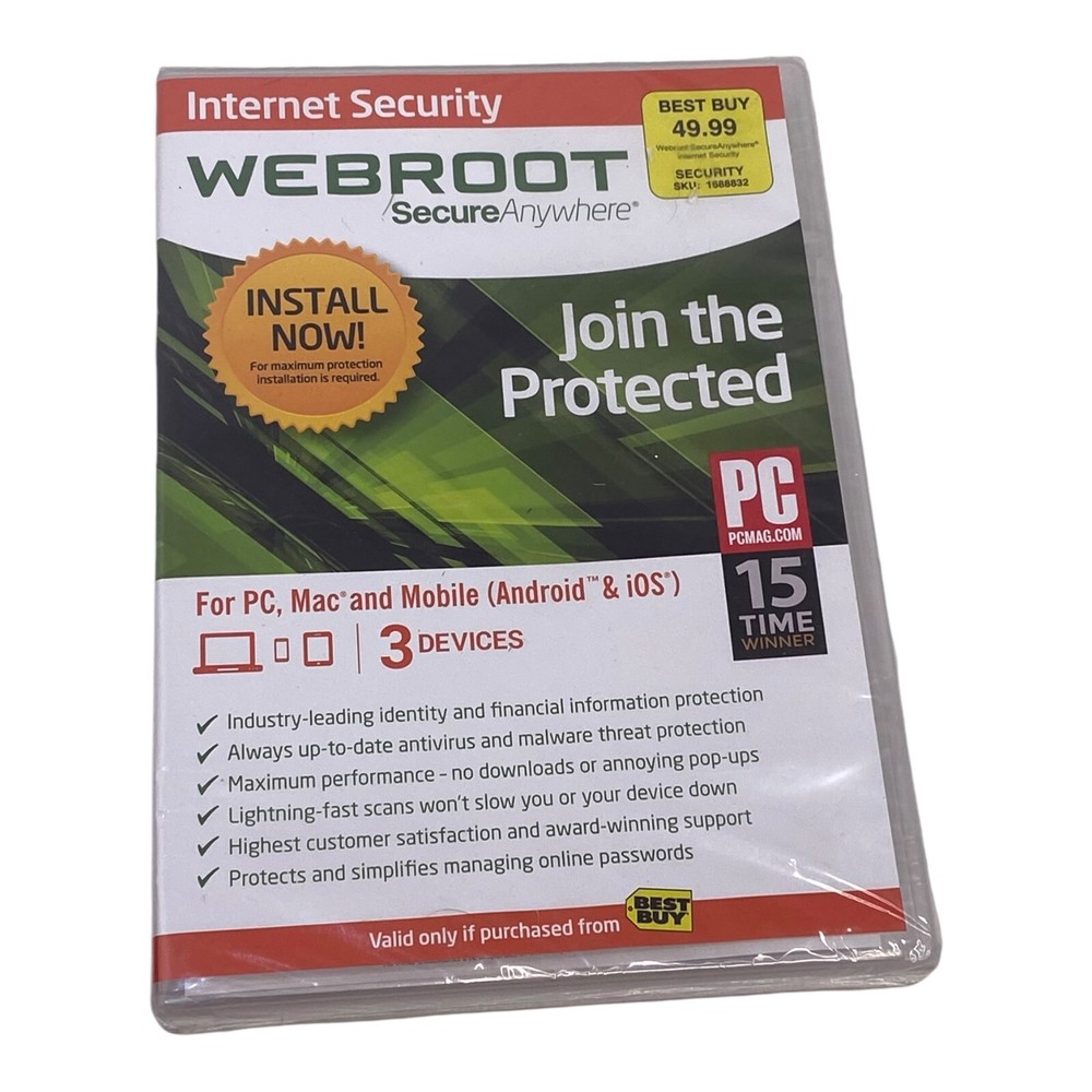 Webroot Secure Anywhere PC/Mac/Mobile Android & iOS-3 Devices Internet Security