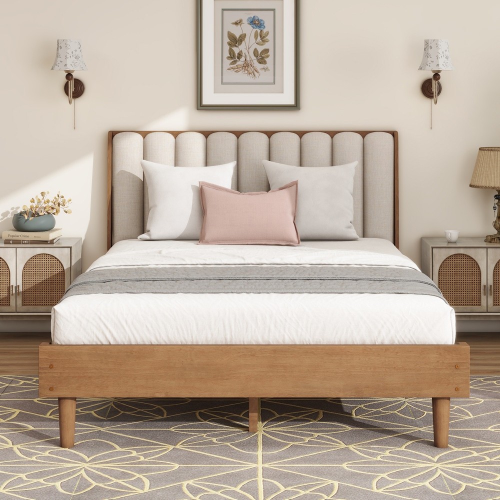 Queen/King Size Solid Wood Platform Bed Frame w/ Upholstered Headboard Wheat