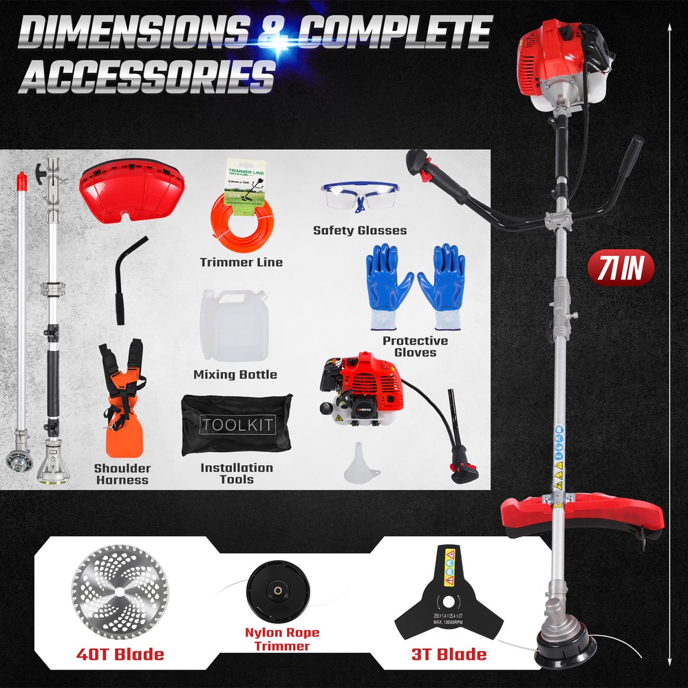 3-in-1 Weed Wacker Gas 52cc 2-Cycle Cordless String Trimmer Grass Weed Eater