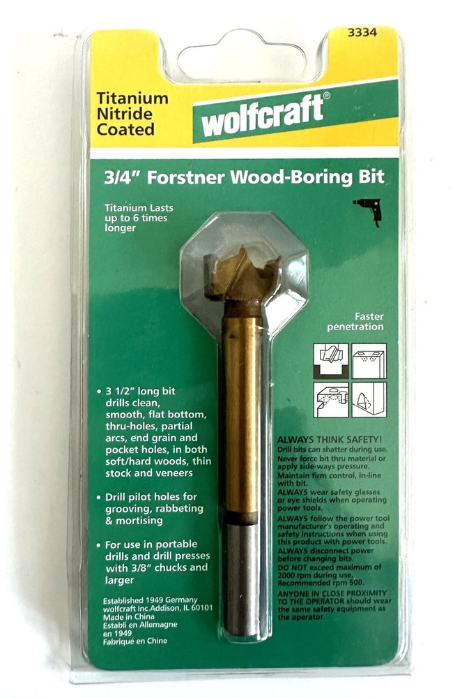 WOLFCRAFT 3/4" FORSTNER WOOD BORING BIT TITANIUM NITRIDE COATED 3334